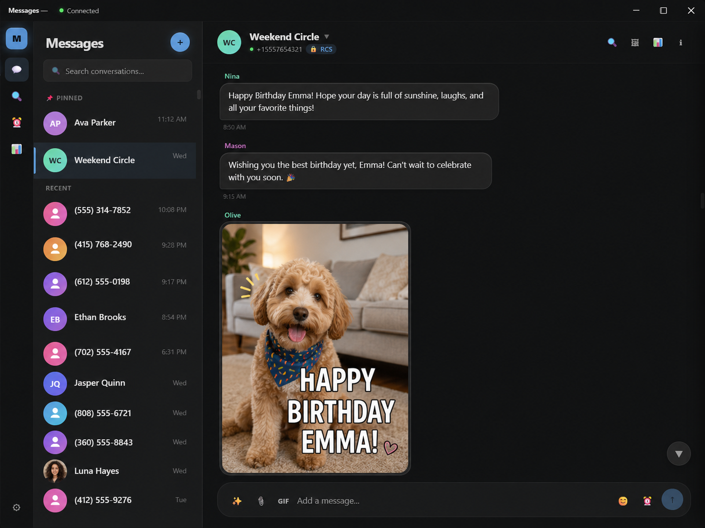 A birthday message conversation in KrazeMessage on Windows