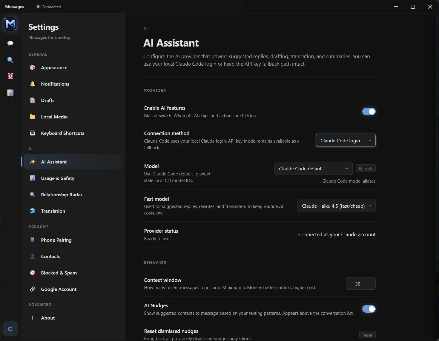 KrazeMessage AI features in Settings