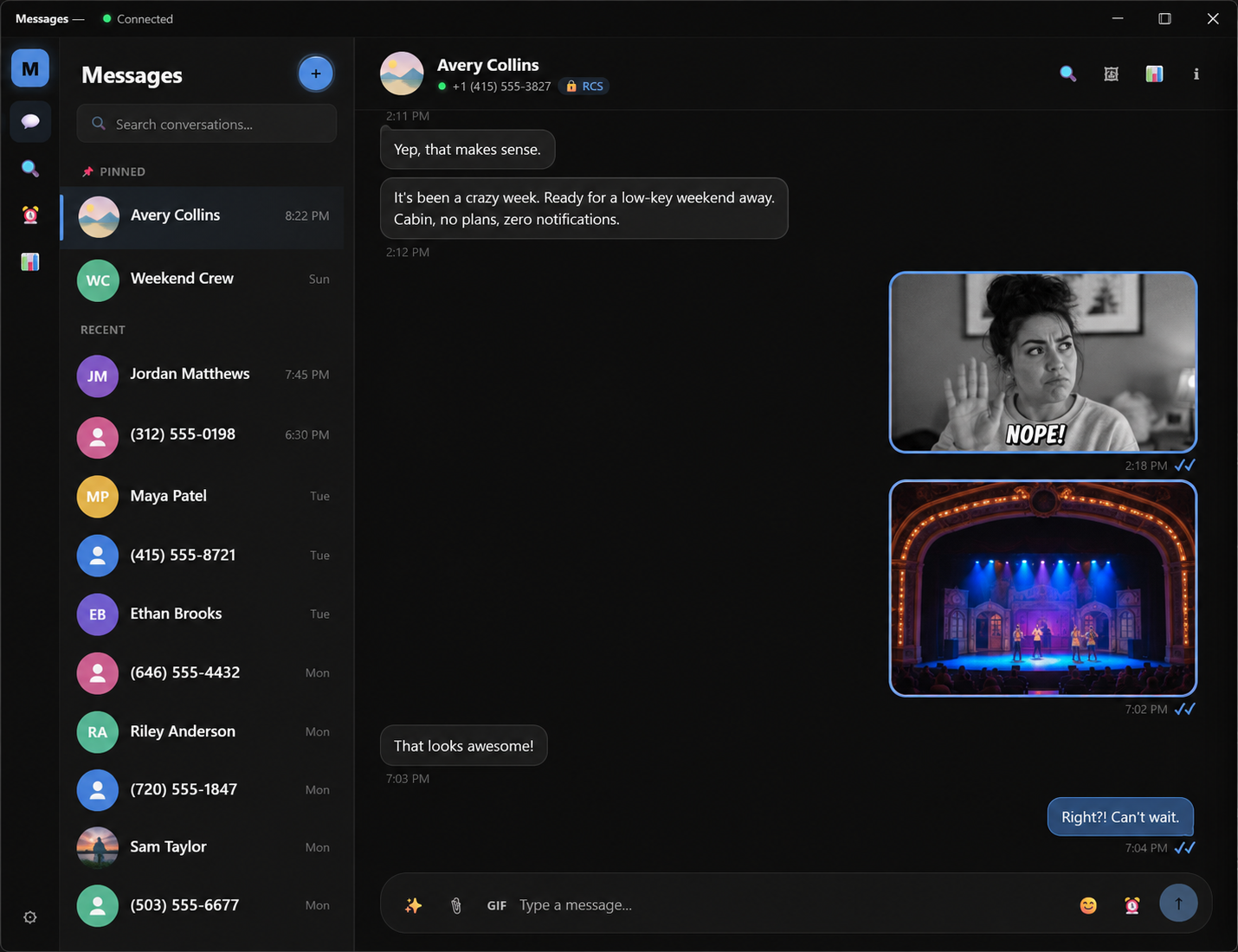KrazeMessage three-pane desktop interface: rail, conversation list, and active thread