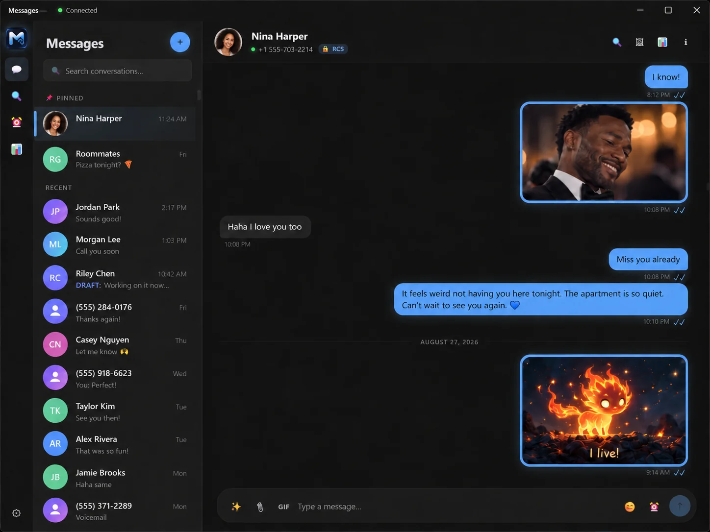 KrazeMessage three-pane desktop interface: rail, conversation list, and active thread