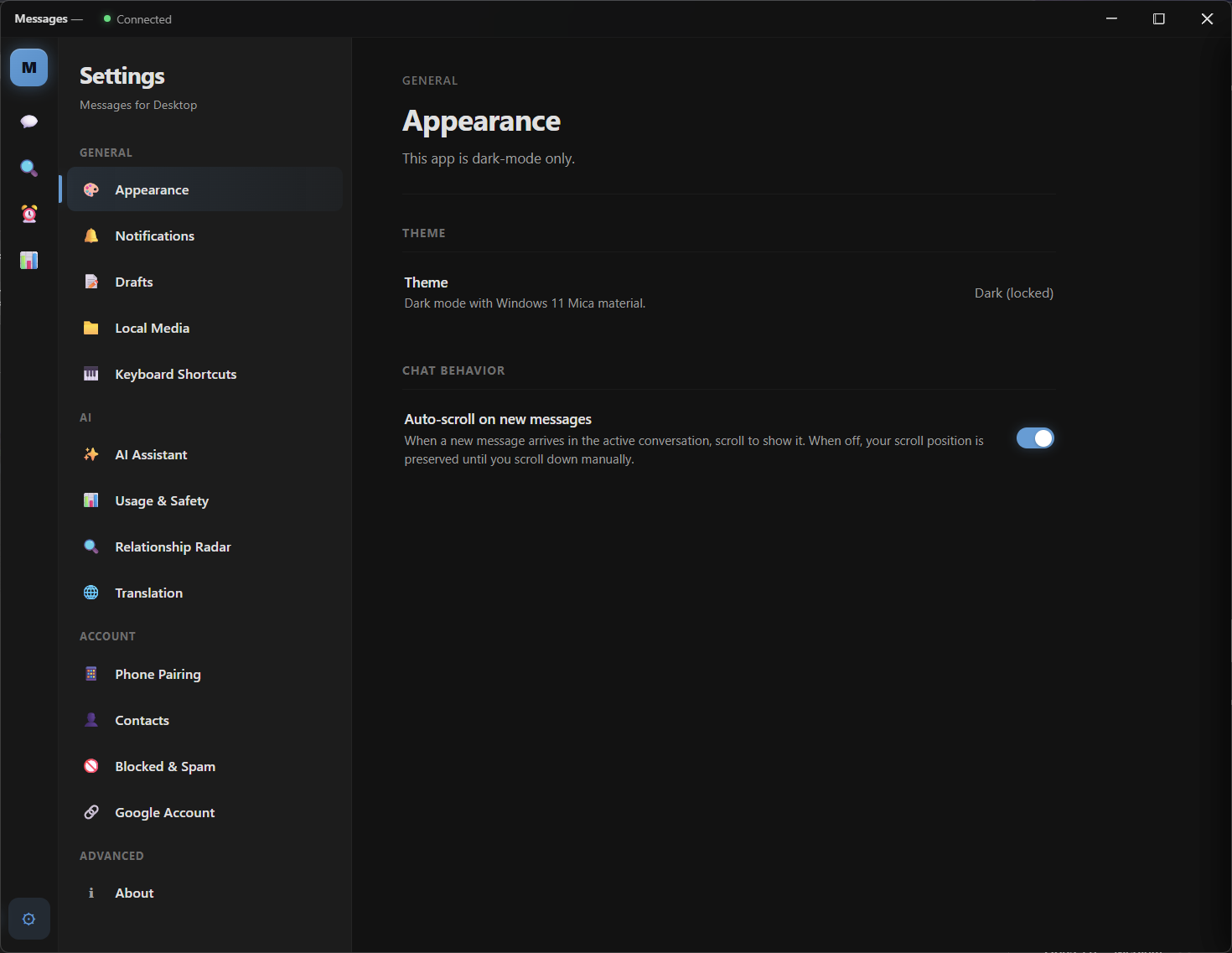 KrazeMessage settings showing AI, account, and privacy controls