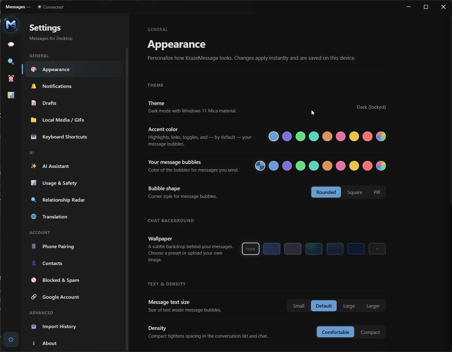KrazeMessage appearance settings